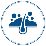 A blue icon of a hair follicle and bubbles, representing cleansing, inside a double-lined circle.