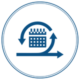 A blue icon of a calendar with looping arrows symbolizing an iterative process, inside a circular border.