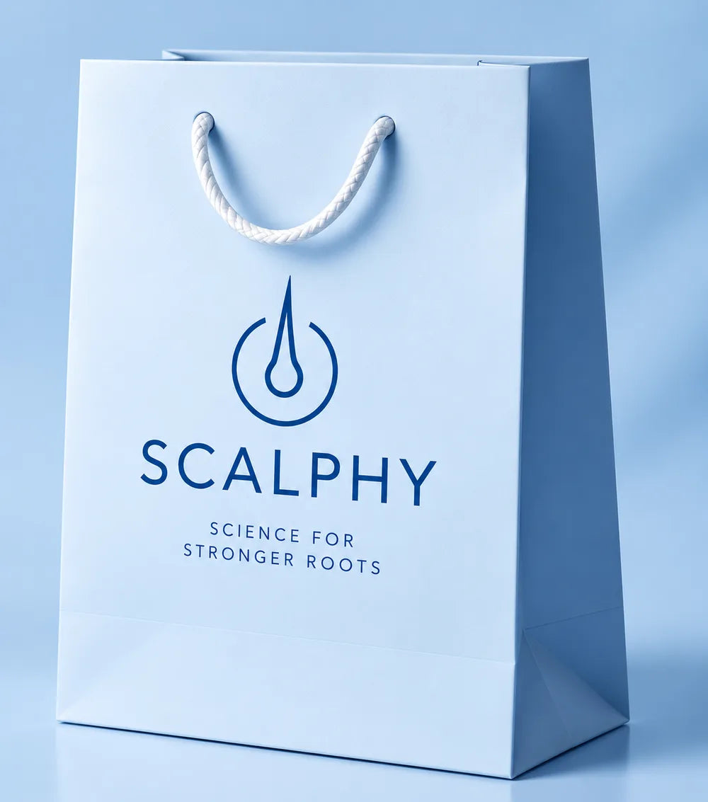 A smiling woman with long brown hair holds up a bottle of Scalphy hair growth serum.
